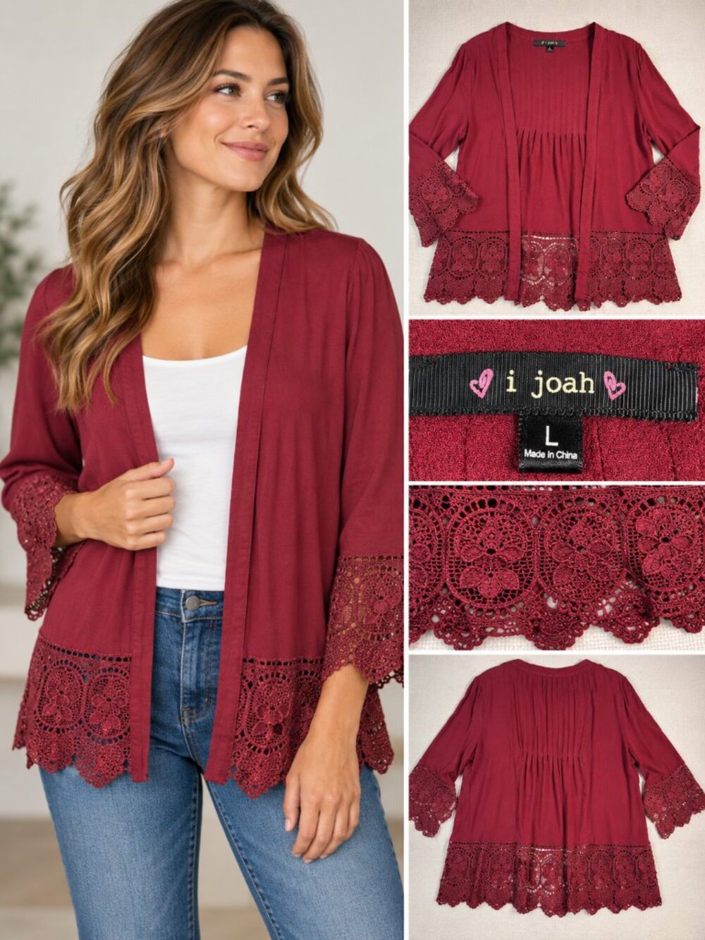 i joah Burgundy Lace Trim Open Front Cardigan Boho Size L